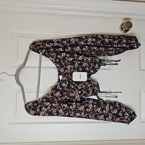 Elodie Floral Black Yellow Pink Elasticized Off Shoulder Rucshed Side Tie Top S - Picture 2 of 13